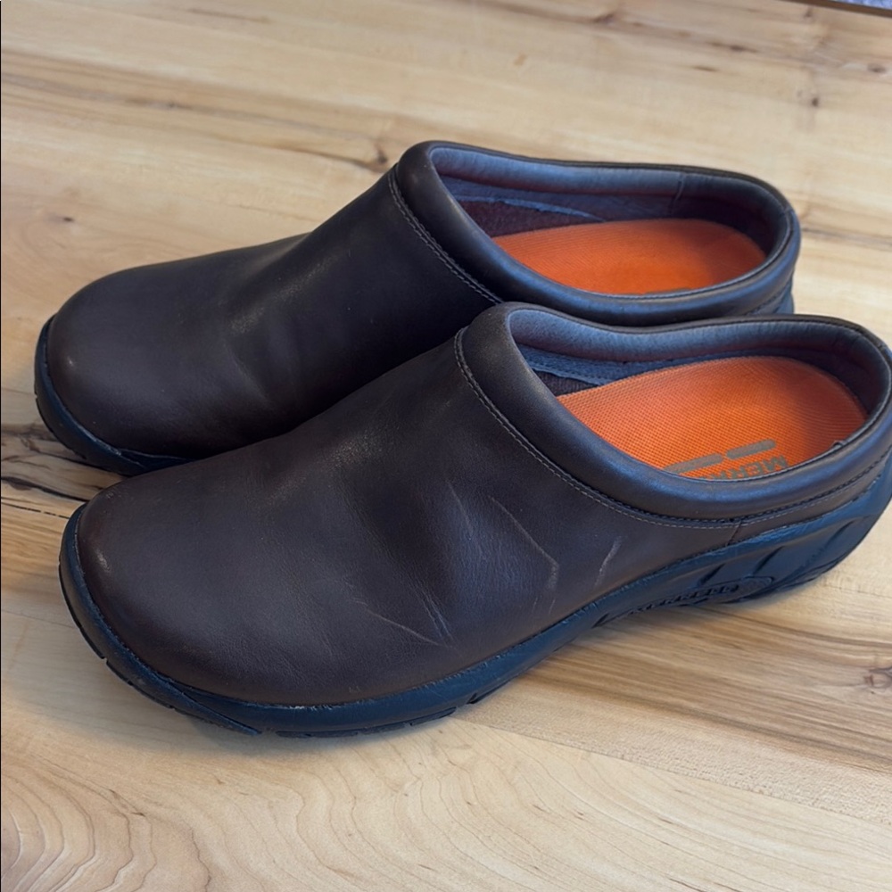 Merrell Brown Mules & Clogs with Slip-On Style and Rounded Toe